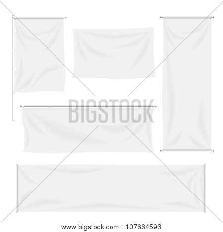 White flags and textile banners with folds vector template set. Separate shadows may be used for any