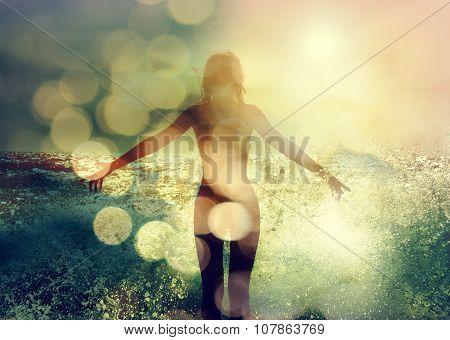 Beautiful Woman Enjoying Sea Waves. Rear View