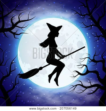 Silhouette of witch flying on the broom in Halloween night. Halloween witch on broom. Vector illustration