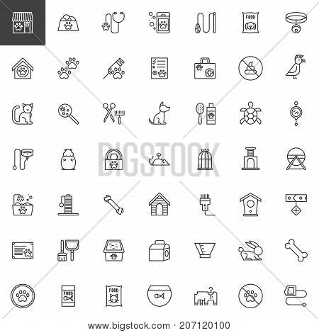 Pet shop accessories line icons set, outline vector symbol collection, linear style pictogram pack. Signs, logo illustration. Set includes icons as toy, animal, dog, aquarium, cat, hamster, veterinary