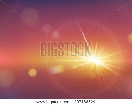 Flash of bright soft light with rays and bokeh realistic vector on gradient warm red background. Abstract dazzling blurry glowing, fire explosion, far star, lighting flare with halo, sunlight effect