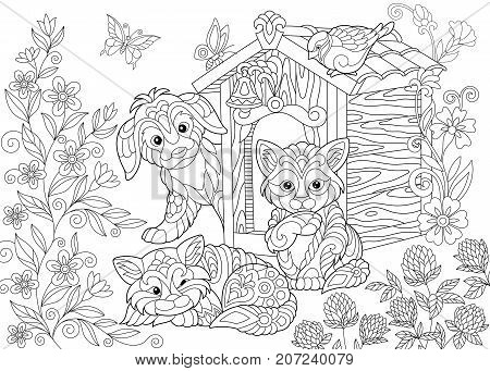 Coloring page of dog two cats sparrow bird and butterflies. Freehand sketch drawing for adult antistress coloring book in zentangle style.