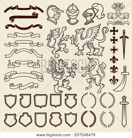 Heraldic design vintage retro shield clipart royal chest elements medieval knight ornament vector illustration. Antique floral graphic baroque medieval decoration.