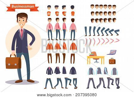 Businessman cartoon character generator with smiling young man in business suit and briefcase. Face expressions, body parts, clothing, business attributes set for personage making flat isolated vector