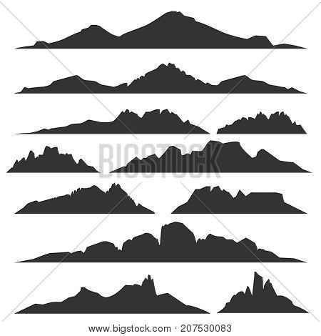 Mountain silhouettes overlook. Vector rocky hills terrain vector, mountains silhouette set isolated on white background for landscape design