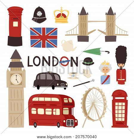 London travel icons english set city flag europe culture tourism england traditional vector illustration. Famous british city architecture britain elements.