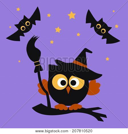 halloween illustration owl with broom on a tree branch owl bat and stars