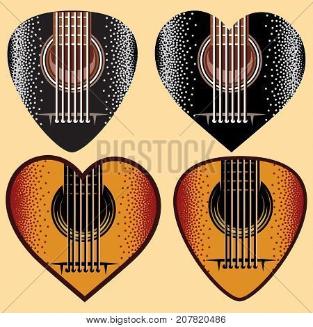 Vector set of stylish colored plectrums for guitar.