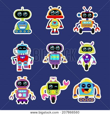 Fashion patch badges with robot robotics android toy robot with cute eyes Very robot large set of girlish and boyish stickers patches in cartoon isolated.Trendy robot print for backpacks thingsclothes