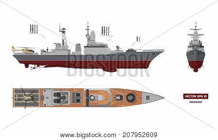 Detailed image of military ship. Top, front and side view. Battleship model. Industrial drawing. Warship in flat style. Vector illustration