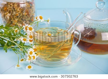 Glass Of Healthy Herbal Camomille Tea. Naturopathy. Matricaria Chamomilla.