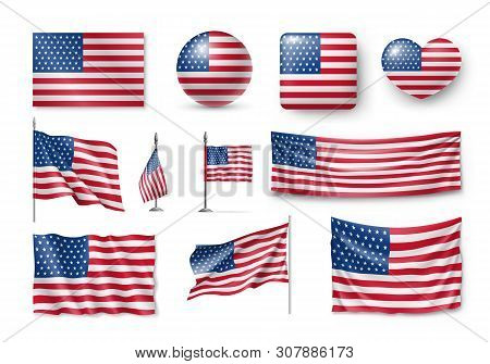 Various American Flags Set Isolated On White Background. Realistic Waving American Flag On Pole, Tab