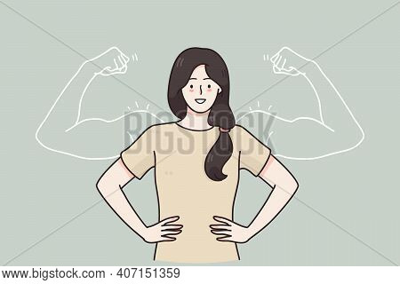 Woman Power, Female Self Confidence, High Esteem Concept. Brave Confident Smiling Woman Standing Sho