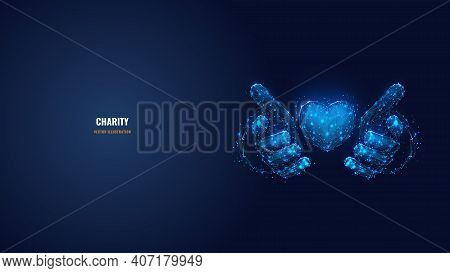 Abstract Vector 3d Human Hands Holding Or Giving Heart Symbol In Dark Blue. Charity, Volunteering, S