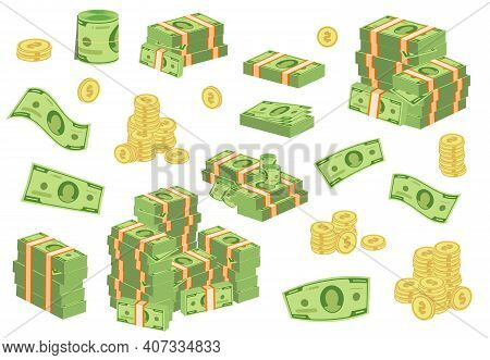 Cartoon Money Bills. Green Dollar Banknotes Cash Vector Icons. Pile Of Dollars And Banknote Heap Abu