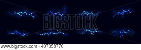 Lightning, Electric Thunderbolt Strike Of Blue Color During Night Storm, Impact, Crack, Magical Ener