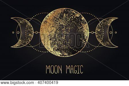 Moon Magic. Triple Moon Pagan Wicca Moon Goddess Symbol. Three-faced Goddess. Maiden, Mother, Crone 