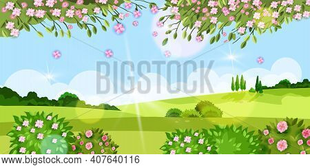 Spring Background, Summer Vector Flower Landscape With Grass, Trees, Meadow, Sakura Blossom, Green B