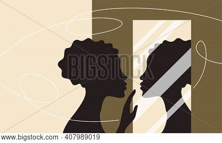 Woman Standing And Looking At Her Reflection In A Mirror. Self Confidence And Self Awareness Concept