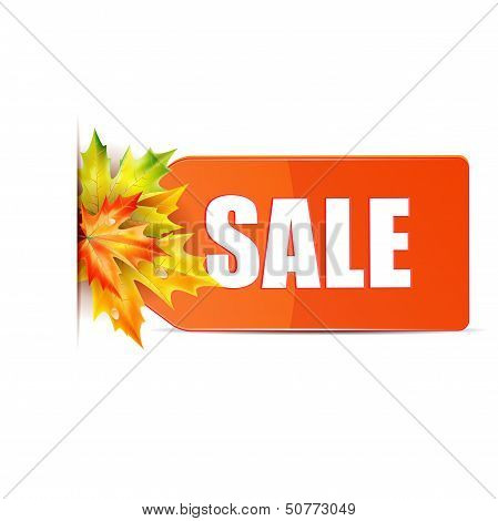 Autumn Seasonal Sale.red Price Tag With The Word Sale Decorated With Autumn Maple Leaves.red Label W