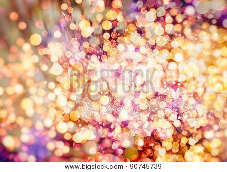 Festive Background With Natural Bokeh And Bright Golden Lights. Vintage Magic Background With Color