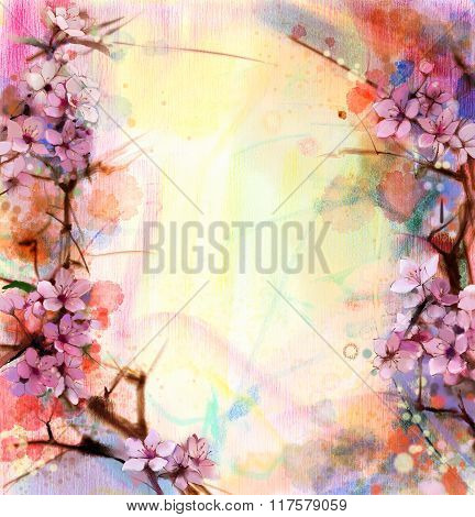 Watercolor Painting Cherry Blossoms - Japanese Cherry - Pink Sakura Floral background