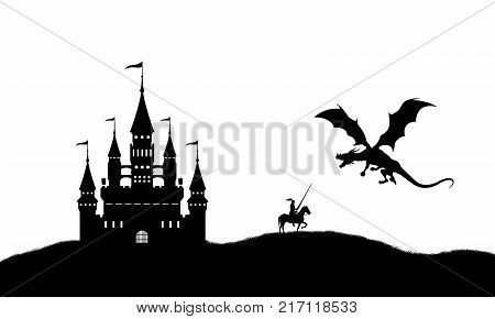 Black silhouette of dragon and knight on white background. Landscape with castle. Fantasy battle. Vector illustration