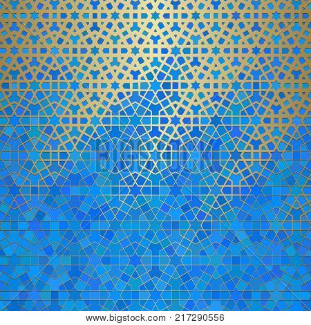 Abstract background with islamic ornament, arabic geometric texture. Golden lined tiled motif over colored background with stained glass style.