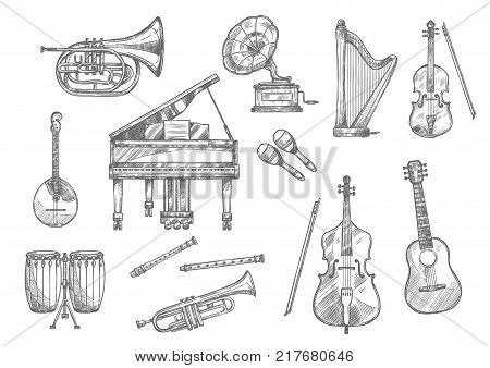 Musical instrument sketch set of classic, folk and jazz music. Piano, guitar and drum, violin, trumpet and flute, horn, maracas and harp, cello, mandolin and retro gramophone for music themes design