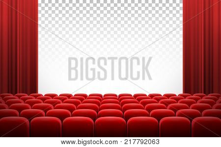 White transparent cinema movie theatre screen with red curtains and rows of chairs, realistic vector illustration, background. Concept movie premiere, poster with interior of cinema and space for text