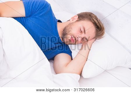 Tips Sleeping Better. Man Handsome Guy Sleeping. Get Enough Amount Of Sleep Every Night. Bearded Man