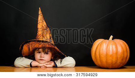 Kid Trick Or Treat. Jack O Lantern. Carnival Costume. Happy Halloween. Toddler Playing Trick Or Trea