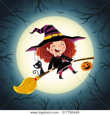 Halloween Background With Cute Little Girl Witch And Kitten Flying On A Broom.