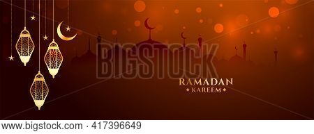 Ramadan Kareem Traditional Festival Banner With Hanging Lamps