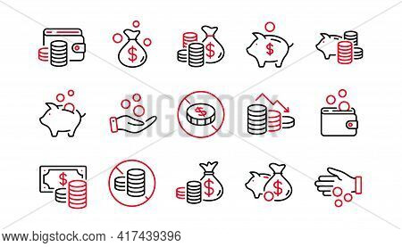 Coins Line Icons. Cash Money, Donation Coins, Give Tips Icons. Business Income, Piggy Bank, Loan. Mo