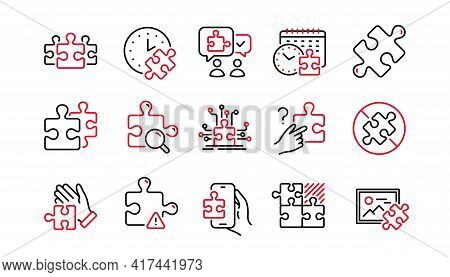 Puzzle Line Icons. Jigsaw Challenge Time, Business Strategy, Puzzle Pieces Icons. Solution, Decide O