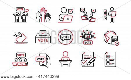 Voting Line Icons. Public Election, Vote Box, Ballot Paper Icons. Candidate, Politics Voting And Peo