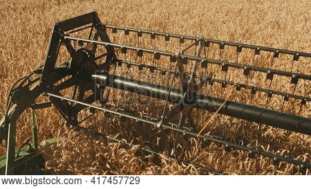 Rotary Straw Walker Of A Combine Harvester Cutting And Threshing Ripe Ears Of Wheat. Cutter Bar Reap