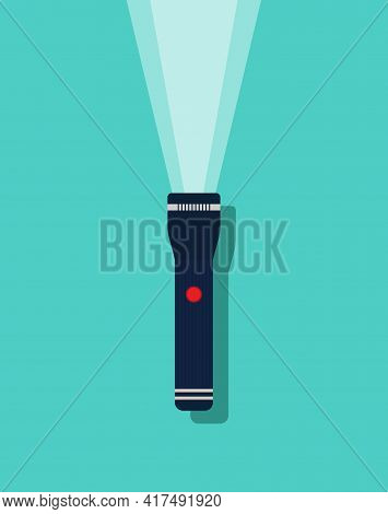 Flashlight Icon. Beam Of Light From Lantern. Torch With Button, Flash For Search. Lamp On Battery Is