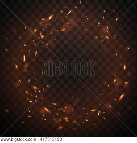 Round Fire Sparks Frame With Burning Bonfire Embers, Vector Glowing Flame Particles. Realistic 3d Bl