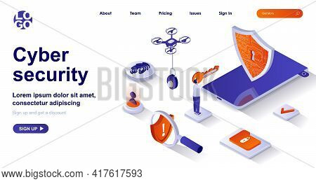 Cyber Security Isometric Landing Page. Protect Personal Data, Safe Internet Isometry Concept. Access