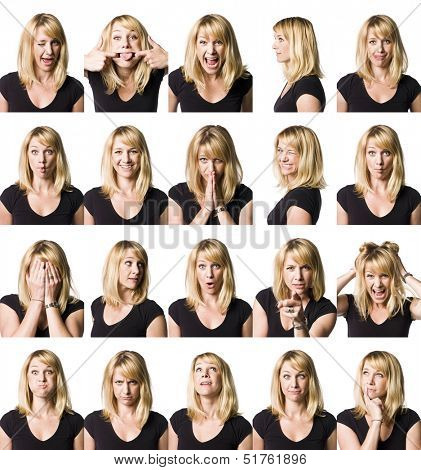 Twenty portrait of a woman with different expressions