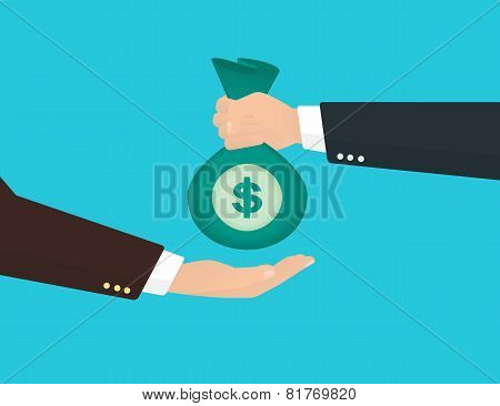 Businessman takes bag of money from another businessman