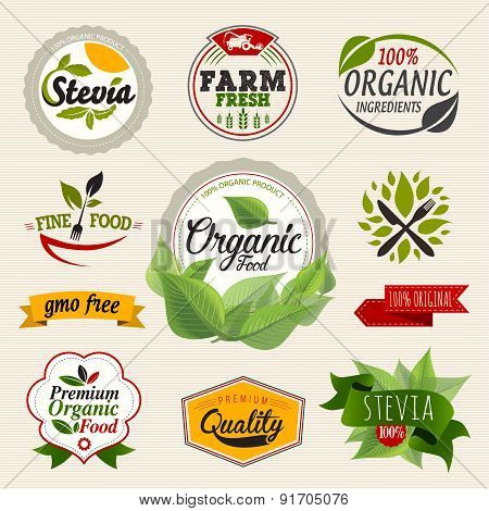 Organic food and stevia label logo Set