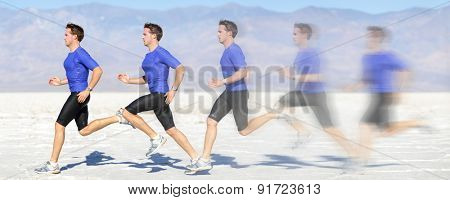 Running and sprinting man at great speed. Composite of male athlete runner sprinting fast on run in beautiful landscape. Sprinter in motion blur fast showing running movement.