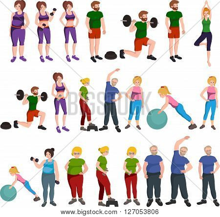 People with different body mass. Weight loss people, before and after weight loss, old and young people doing exercise Healthy fitness and sport family.