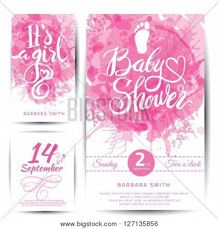 Vector watercolor pink sticker set It's a girl. Calligraphy lettering Baby shower. Baby shower design element for invitation design.