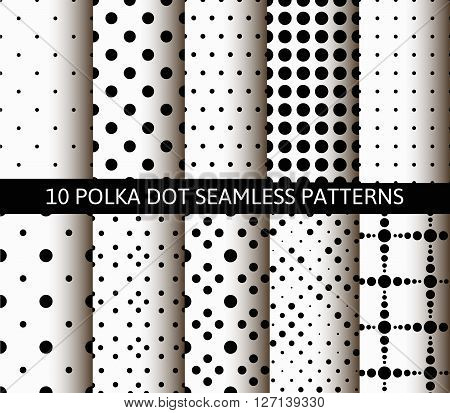 Vector Black and White Polka Dot Seamless Patterns Set. Abstract backgrounds with round elements of different sizes. Collection of black and white dot patterns for wallpaper, fabric print, gift paper.