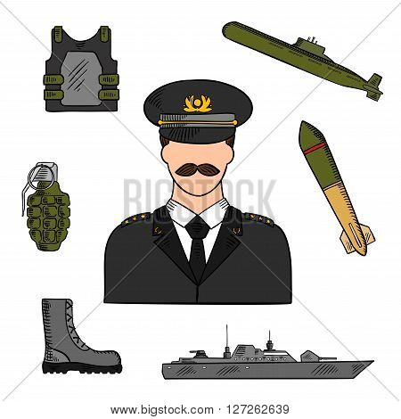 Military man surrounded by army, navy, marines and coast guards sketch symbols for armed forces design usage with colorful naval warship, torpedo, submarine, body armor, boots and grenade icons