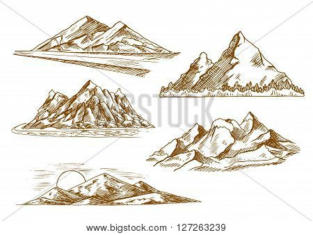 Beautiful mountain landscapes engraving sketch icons with scenic sunset over hills, danger mountain road, mountain valley with flashy river and forest, snowy summits of rocky ridge. Nature and tourism theme design